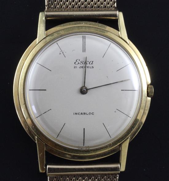 A gentlemans 1960s 18ct gold Eska Incabloc manual wind wrist watch on a 9ct gold mesh bracelet,